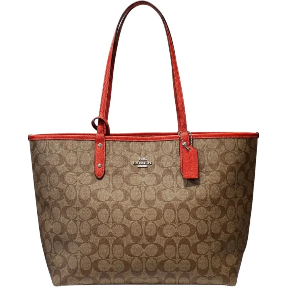 Coach City Tote Bag Women OS Khaki Red Signature Canvas Monogram Shoulder Bag